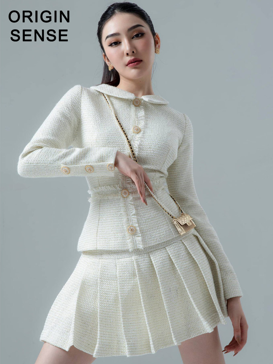 秋冬新品粗纺小香风日常通勤好穿显瘦百褶半身裙白色淑女精致套装