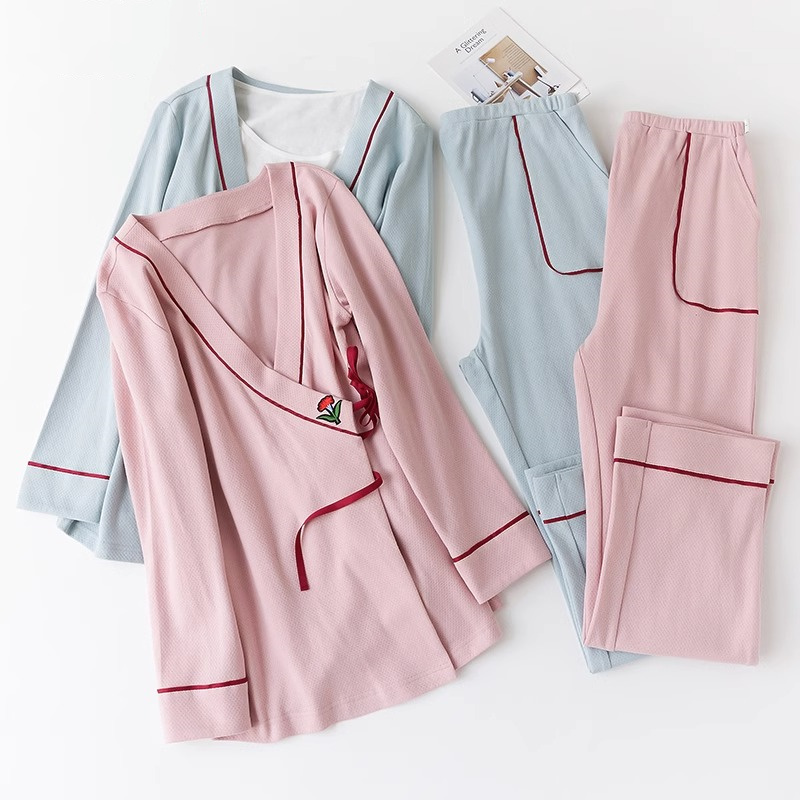 母爱无私春秋孕妇睡衣和服三件套纯棉月子服怀孕期产妇家居服套装