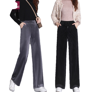 春秋冬条绒阔腿裤女休闲长裤九分加绒加厚大码宽松直筒裤羊羔绒