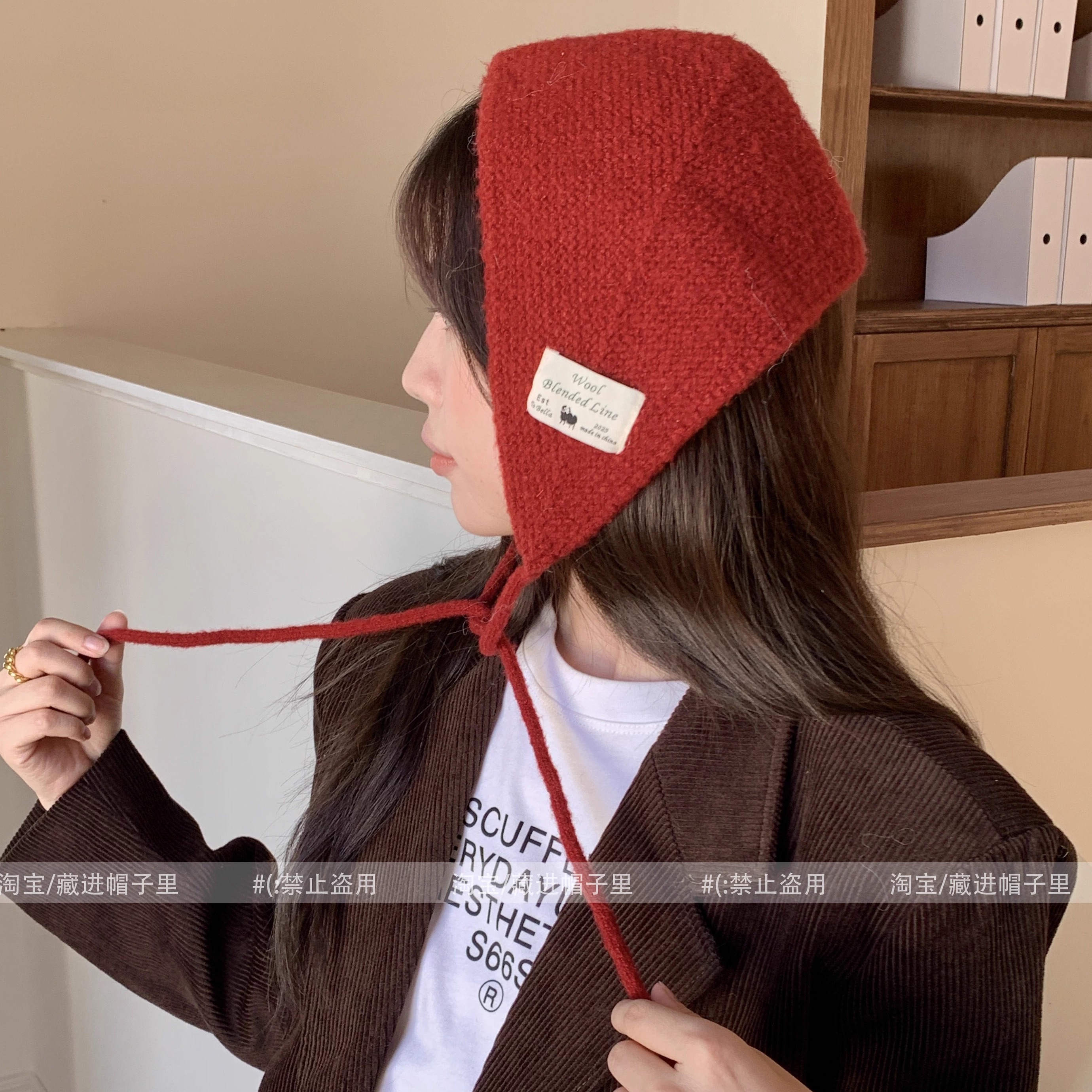 韩系ins头巾女秋冬保暖护耳针织毛线三角巾甜美可爱绑带包头帽子