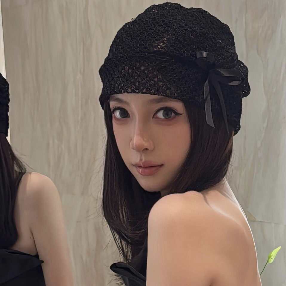 小众设计感镂空蝴蝶结黑色堆堆帽女薄款弹力包头蕾丝帽辣妹冷帽潮