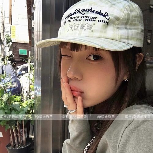 韩国25年新款格子撞色复古时尚平檐帽鸭舌帽女字母刺绣棒球帽子男