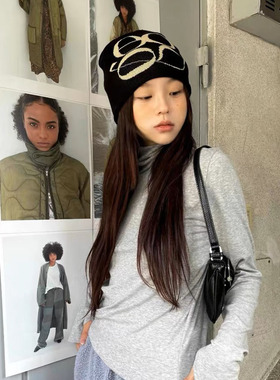 韩国24年秋冬季新款大字母logo印花毛线帽个性保暖针织护耳冷帽女