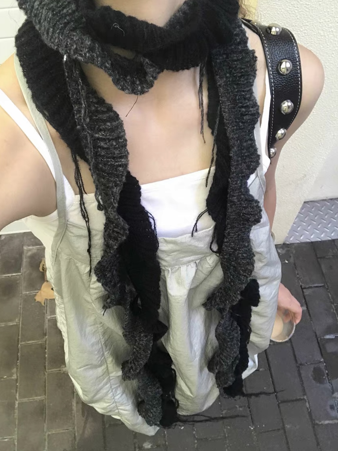 小众不规则编织流苏拼色围巾女