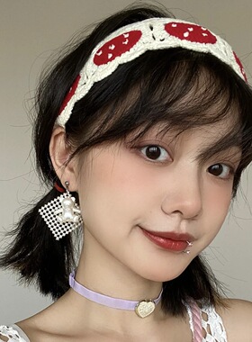 韩版甜美钩针蘑菇发带手工复古
