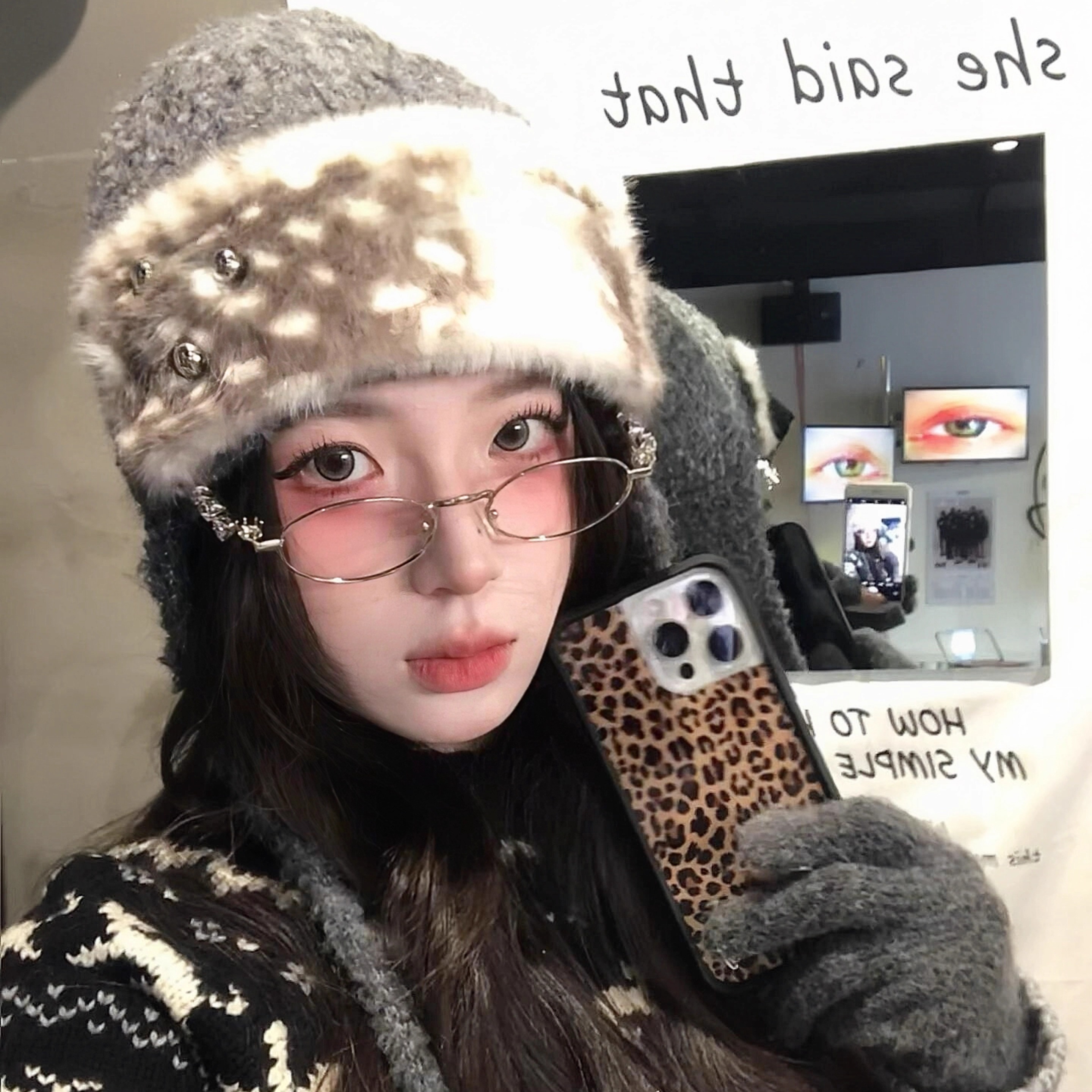 小众亚文化护耳针织冷帽套头帽女y2k百搭豹纹毛茸茸保暖雷锋帽子