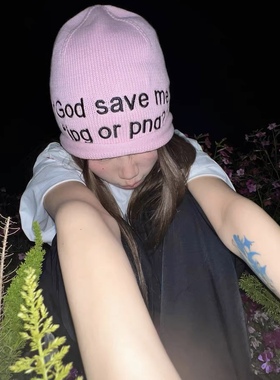 春夏圆顶God save me刺绣针织包头帽女街头嘻哈毛线帽堆堆帽秋款
