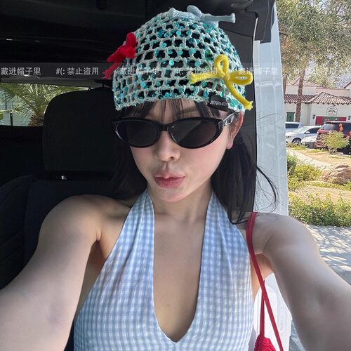 韩国ins亮片蝴蝶结针织包头帽女25新款辣妹时尚渔网帽套头毛线帽