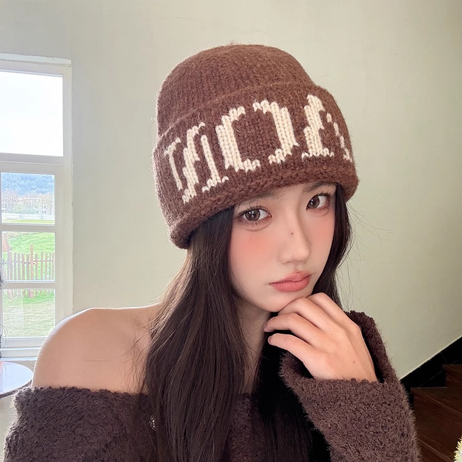 韩版2024新款大头围毛线帽女秋冬显脸小字母针织帽保暖帽子冷帽男