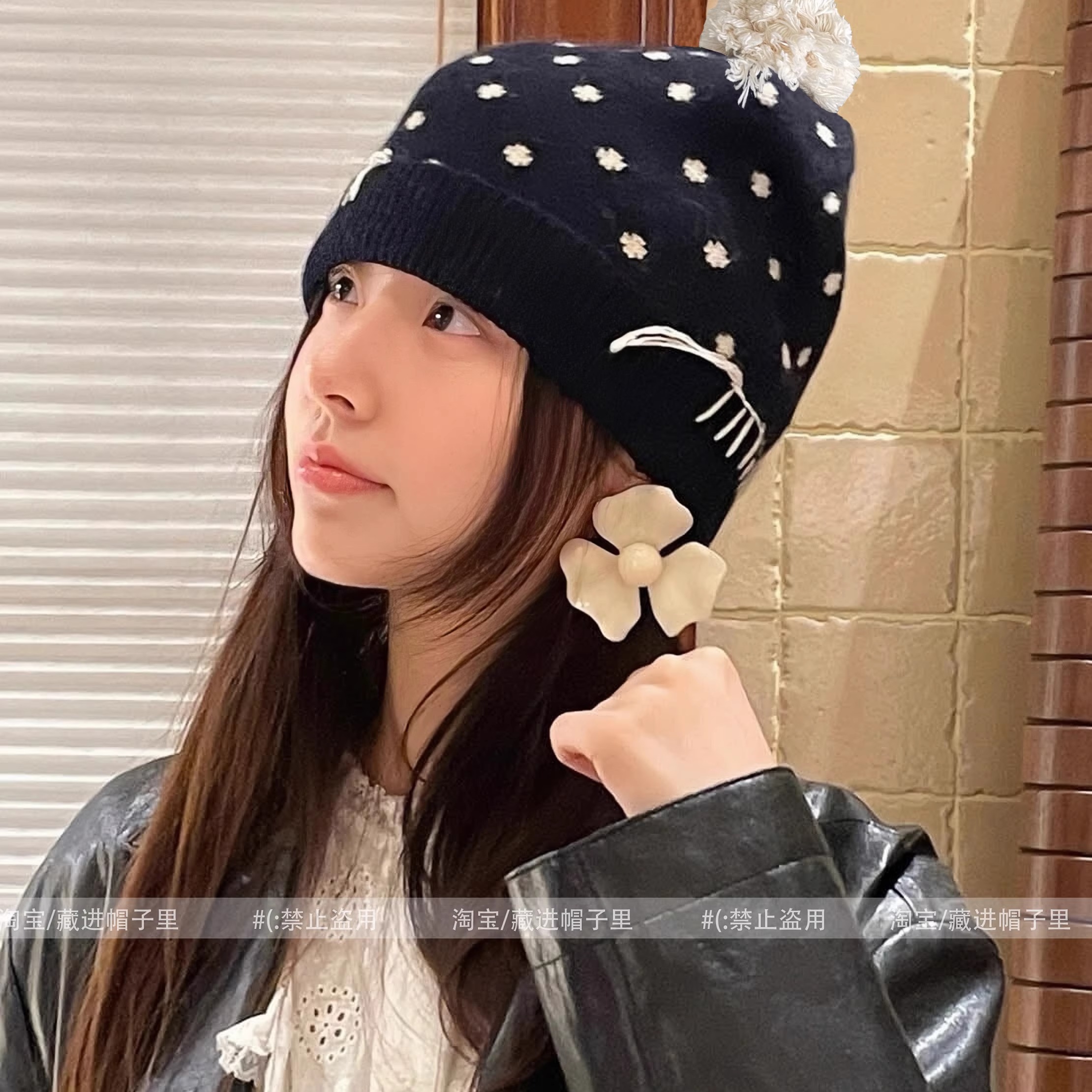 韩国ig博主款复古波点毛球缝线流苏针织冷帽女秋冬护耳保暖毛线帽
