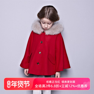 HERROYAL儿童冬装女童狐狸毛领羊毛斗篷大衣披风红色外套