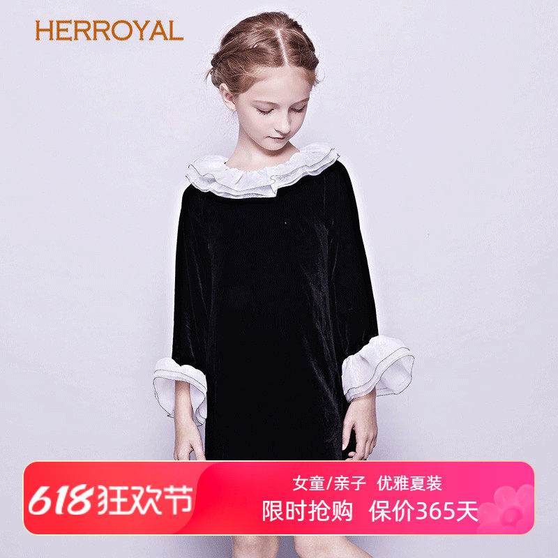 HERROYAL秋冬女童装真丝丝绒公主裙钢琴表演礼服裙丝绒裙亲子母女