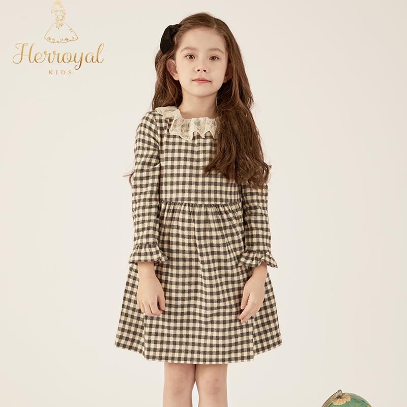 HERROYAL 文艺甜酷风蕾丝领绒感棉格纹女童秋装优雅格长袖连衣裙