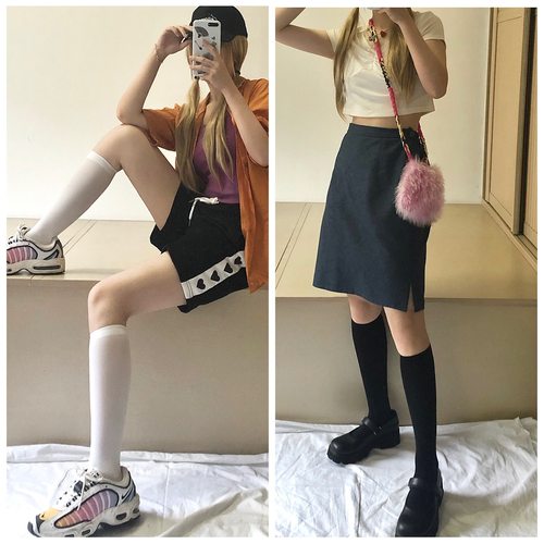 黑白色天鹅绒jk制服中筒袜薄款Lolita小腿袜日系学生女袜