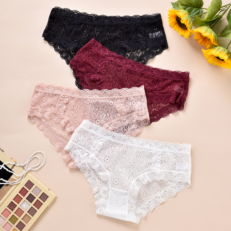 女士三角裤蕾丝性感中腰超薄柔软无痕纯棉裆内裤纯欲跨境纯欲风