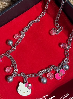 JLSOOHello Kitty珍珠水晶吊坠项链女银色链条饰品