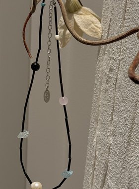 简约气质珍珠吊坠项链女黑色竹节链设计师款