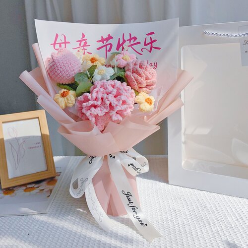 母亲节花束毛线花束成品编织玫瑰康乃馨永生花送妈妈礼物