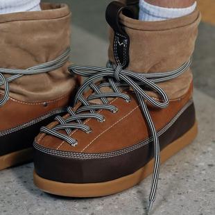 小胖丁新款 厚底防滑皮面短筒靴 面包雪地靴女秋冬加绒加厚保暖棉鞋