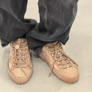 登山风山地鞋 软底百搭板鞋 德训女做旧翻毛皮系带休闲鞋 复古小脏鞋