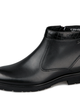 专柜正品沙驰男鞋2024冬季款牛皮商务休闲皮鞋切尔西靴子短绒棉鞋