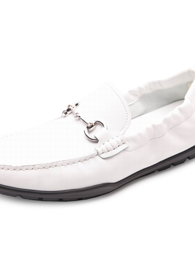 沙驰男鞋2023春季款专柜正品单层牛皮休闲皮鞋软皮软底豆豆鞋白色