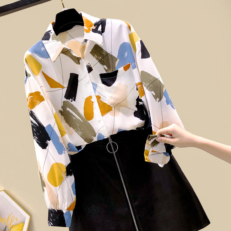 复古港风雪纺衬衫女秋季2020新款韩版宽松设计感小众印花学生上衣