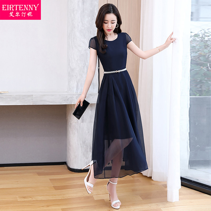 连衣裙女夏2020台湾新款雪纺网纱裙短袖夏装收腰显瘦气质中长裙子