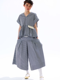 日系复古纯棉藏青色海军条纹百搭通勤阔腿八分长裤 WOKERKER 夏款