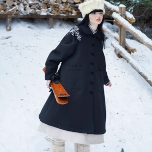 棉服A摆外套 少女小花裥棉肩膀镂空长款 WOKERKER 日系冬季