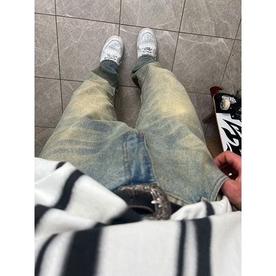 美式复古蓝牛仔裤男款水洗做旧高街潮牌弹力修身显瘦直筒微喇裤子