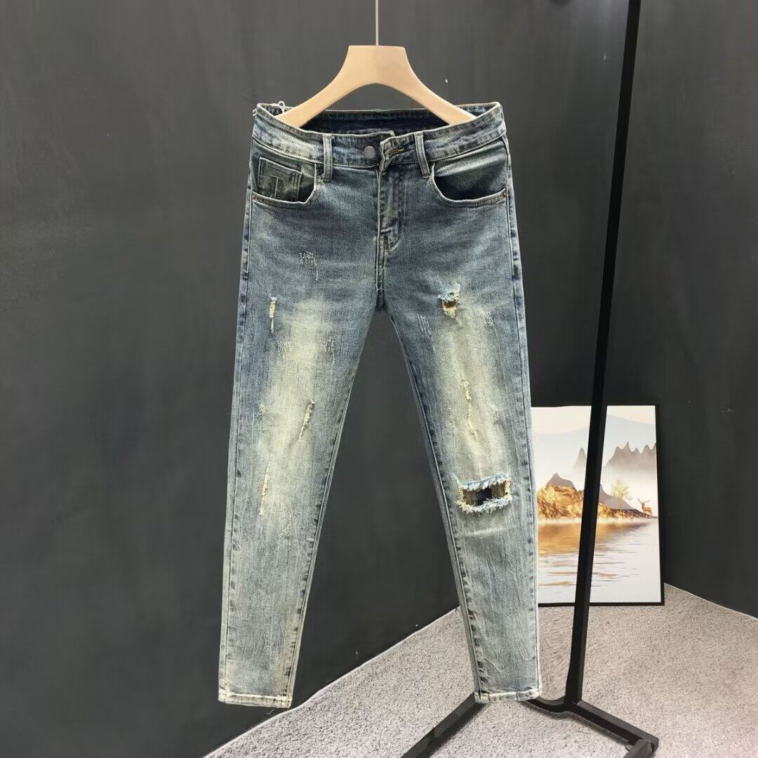 春夏季牛仔裤男士破洞小脚九分裤高端休闲修身显瘦微弹男裤子9分