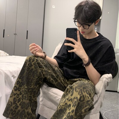 美式微喇豹纹牛仔裤男款秋季vibe高街裤子hiphop青少年直筒工装裤