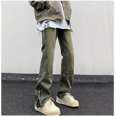美式复古高街黄泥染牛仔裤男春秋新款vibe痞帅炸街修身显瘦直筒裤