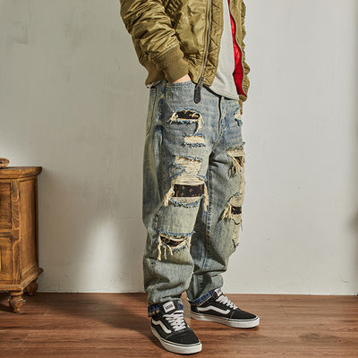 美式重磅复古牛仔裤男宽松直筒高街潮流做旧补丁破洞裤子男款秋冬