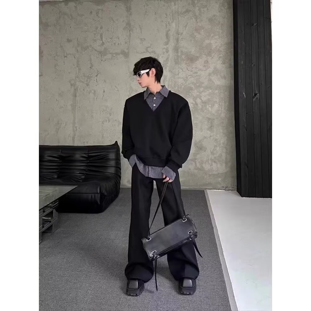 假两件复古拼接衬衫男春秋季潮牌学院风卫衣美式设计感内搭打底衫