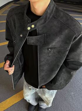 美式正肩皮衣外套男款冬季加厚复古痞帅男装机车pu皮夹克棉服男冬