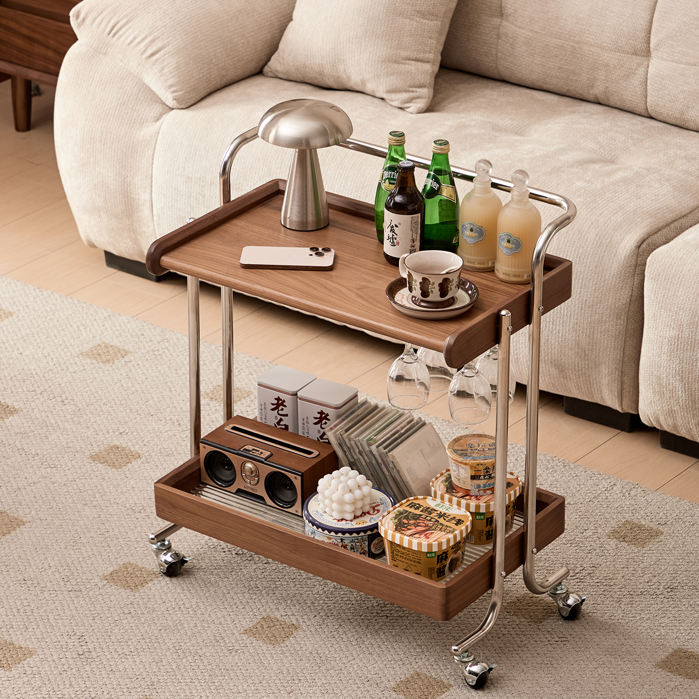 北美进口黑胡桃木全实木沙发边几移动带轮小推车客厅阳台休闲茶几