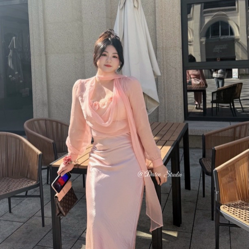 DATOO【花仙子】微胖大码新款百搭荡领设计气质衬衫高端缎面套装
