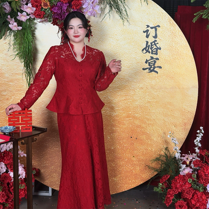 DATOO【家有喜事】微胖新中式蕾丝国风提花订婚结婚敬酒服套装
