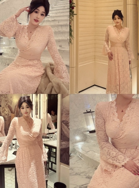 DATOO【甜桃娇娇】微胖大码法式优雅V领收腰董加绒修身连衣裙