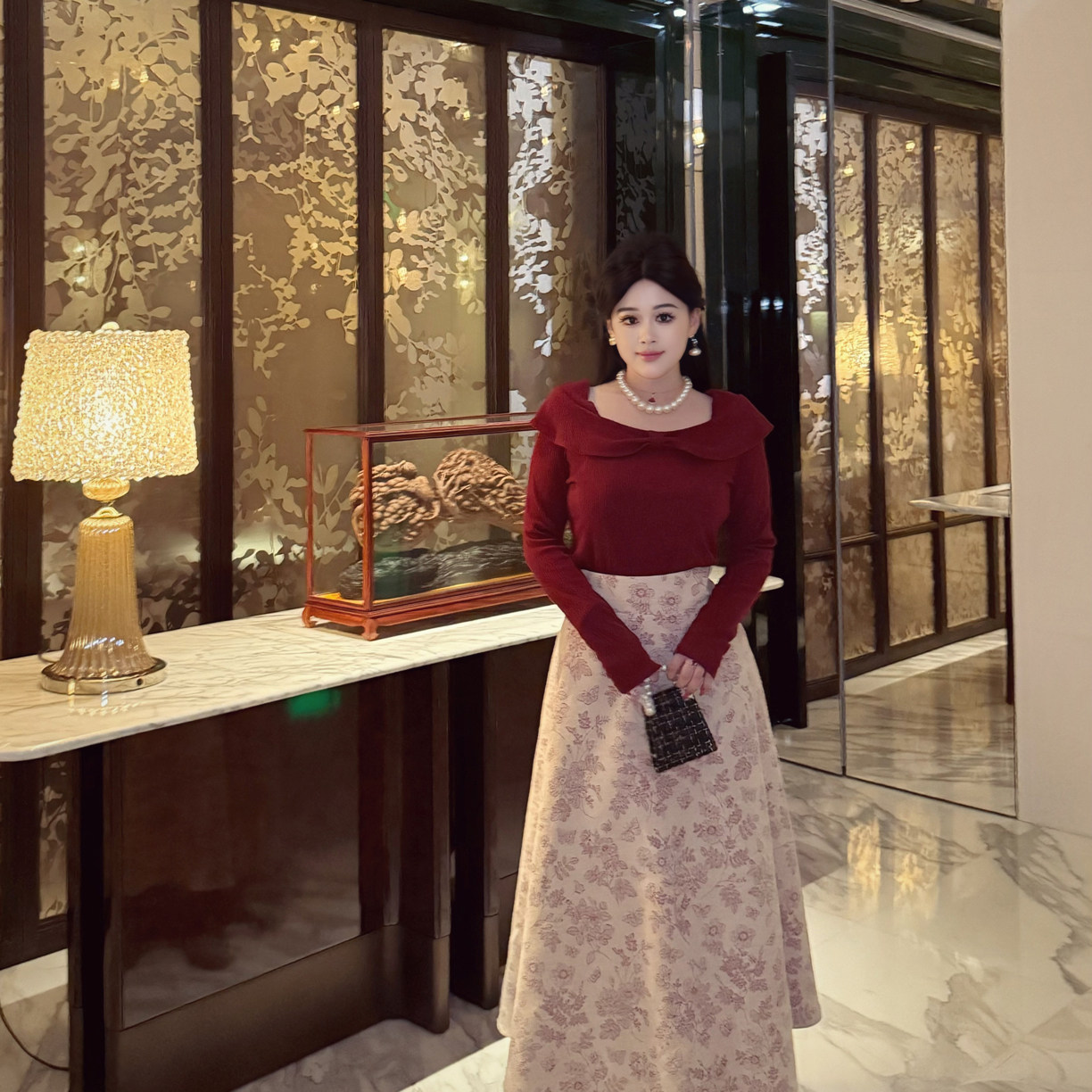 DATOO【红芭蕾】微胖大码法式气质红色上衣高腰A字半身裙套装