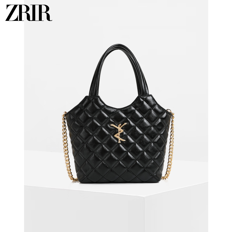 【刘叮当甄选】ZRIR小香风时尚轻奢菱格菜篮子手提斜跨包Z-3129黑