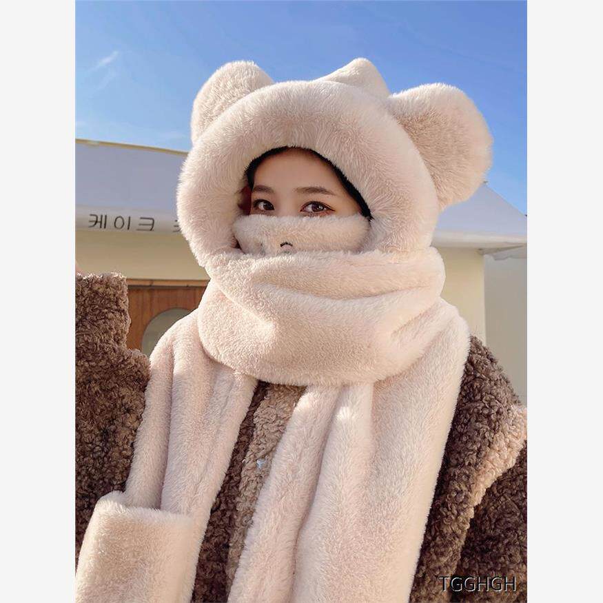 小熊帽子围巾一体女冬天骑车保暖口罩围脖手套多件套连帽护耳可爱