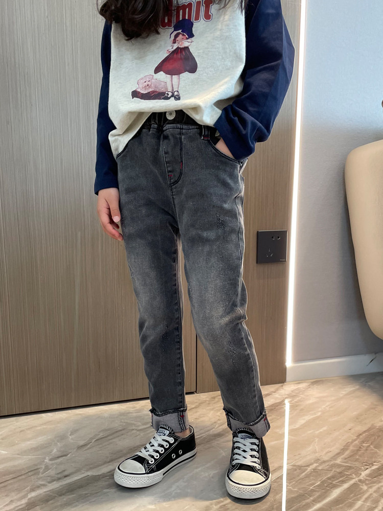 女童黑灰牛仔裤子小脚修身2026新款小中大女孩简约宝宝儿童长裤潮