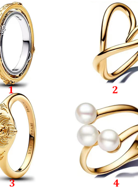 潘家S92纯银黄金色狮子戒指珍珠爱心戒指对戒