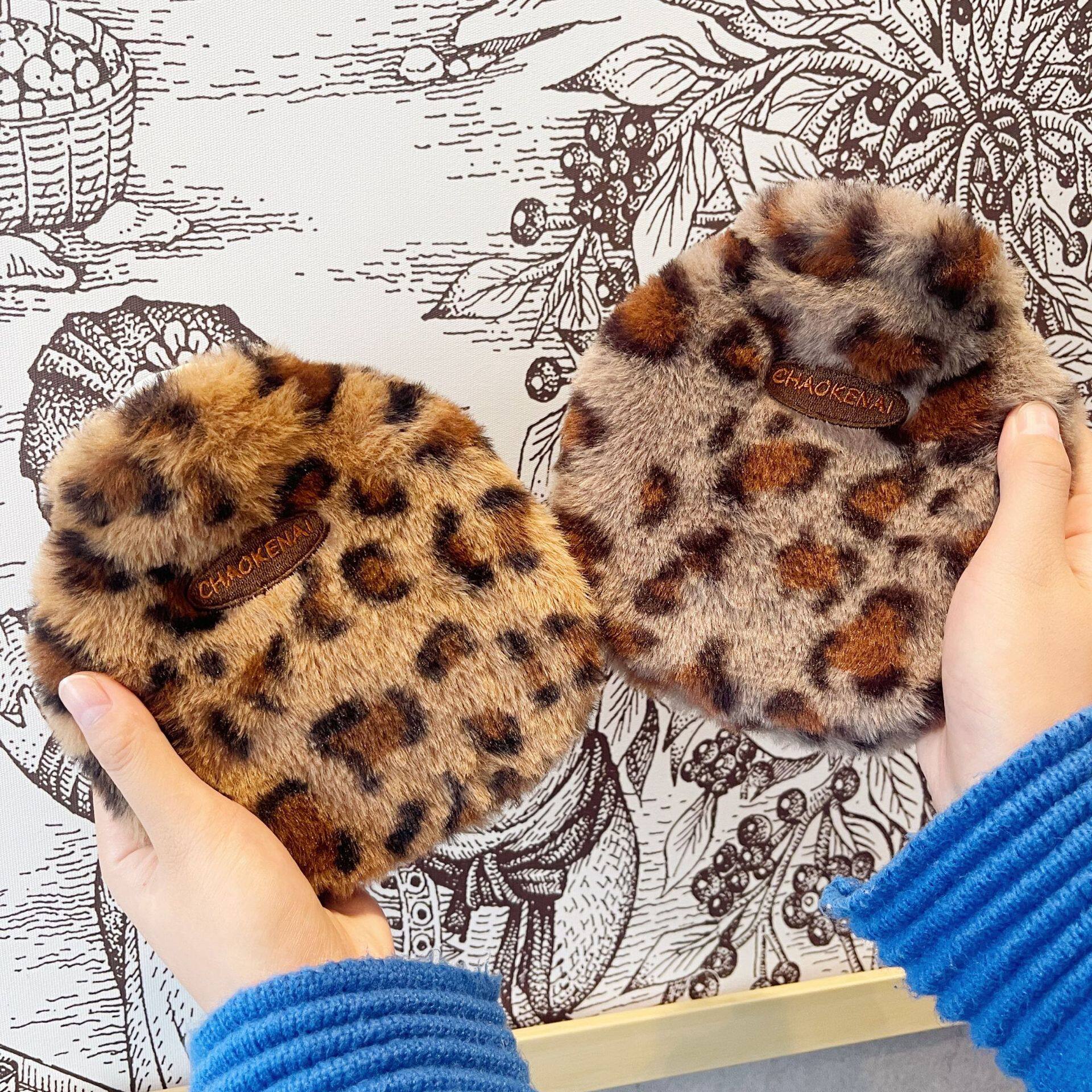 冬季日韩新款豹纹注水式热水袋暖水袋可爱毛绒学生便携可拆洗