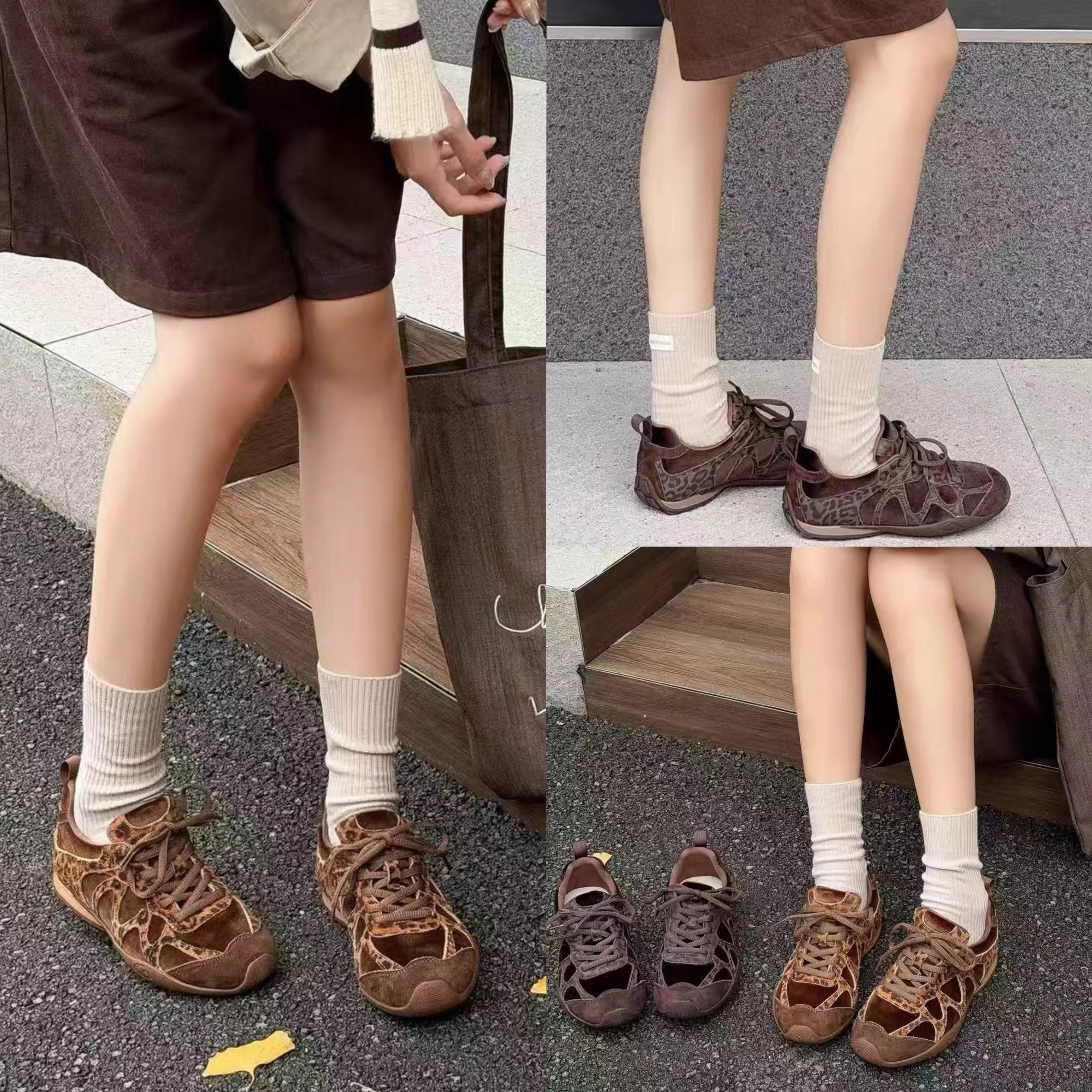 复古豹纹真皮系带德训平底女鞋