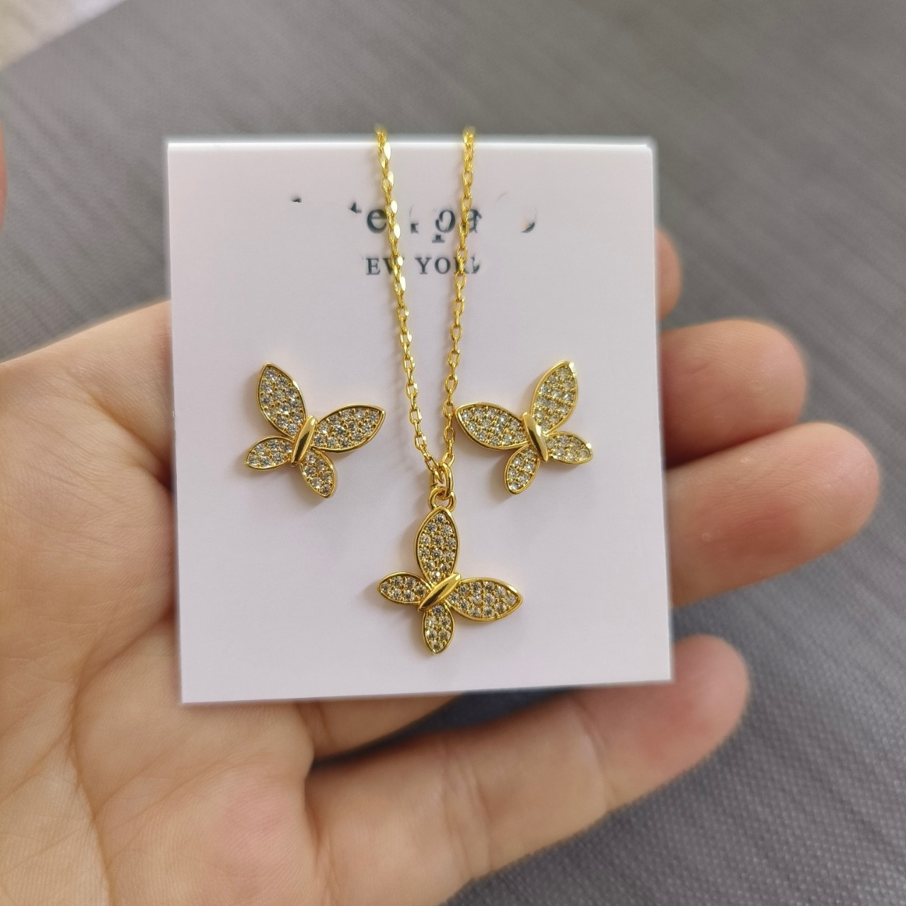 春季新款 高品质 出口欧美外贸原单首饰蝴蝶锆石耳钉项链女镀金