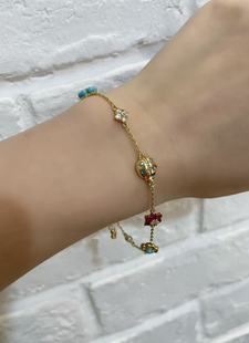 高品质出口欧美 外贸镀金手链女金色小瓢虫花朵手链